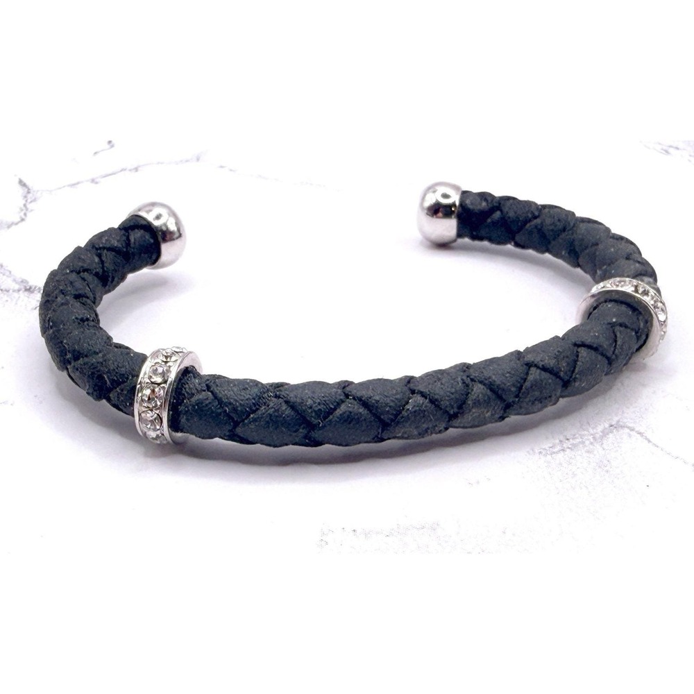 Premier Designs Braided Cuff Bracelet Black Rhinestone Silver 8" x 1/4"